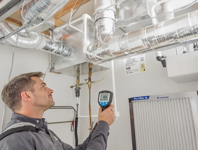 Westwood Air Duct Cleaning expert conducting detailed filter system inspection using diagnostic tools in Westwood