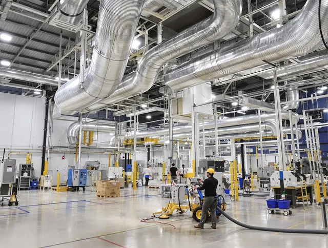 Westwood Air Duct Cleaning team performing comprehensive industrial duct cleaning at a large facility in Westwood